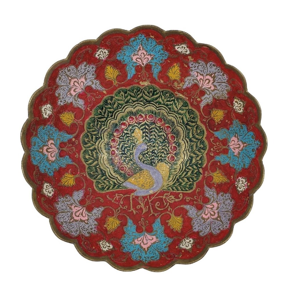 Vintage Brass Bowl Scallop Edge Hand Painted Red Enamel Peacock 7.5"W Multicolor